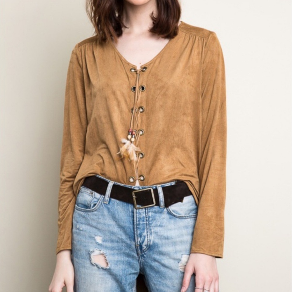 Faux suede lace up top